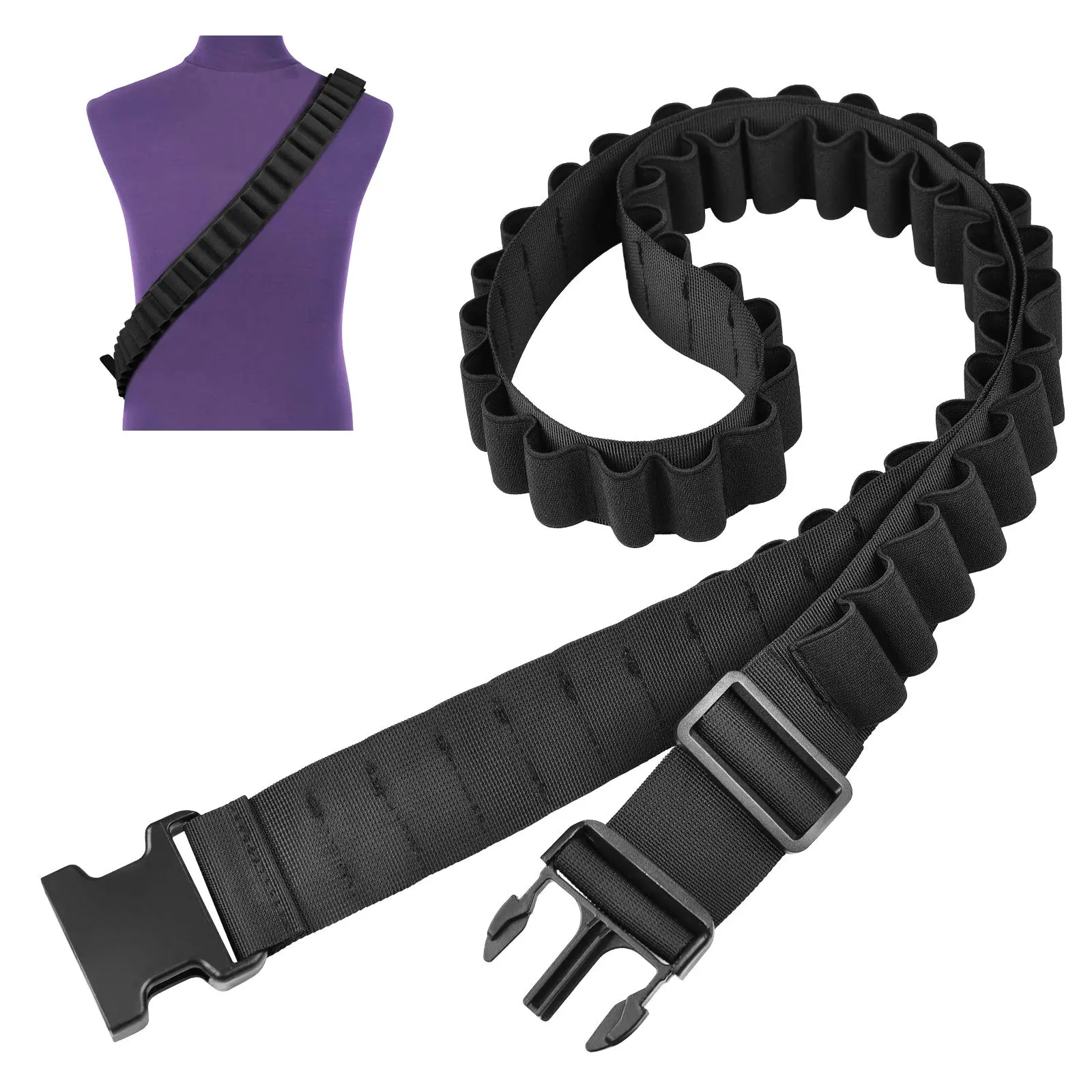 Nylon 50-Round 12/20 Gauge Shotgun Shell Bandolier Sling - 2" Width, Adjustable 59"-70" Shoulder Carry Holder for Hunting