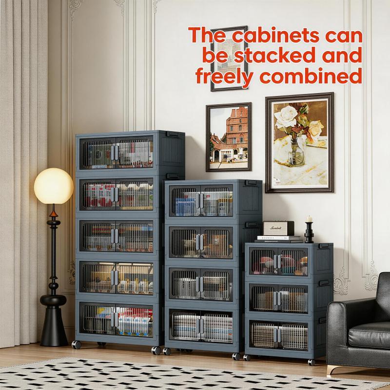 Folding 5 Tier Plastic Storage Bins with Wheels - Stackable Collapsible Storage Containers & Organizers for Daily Use