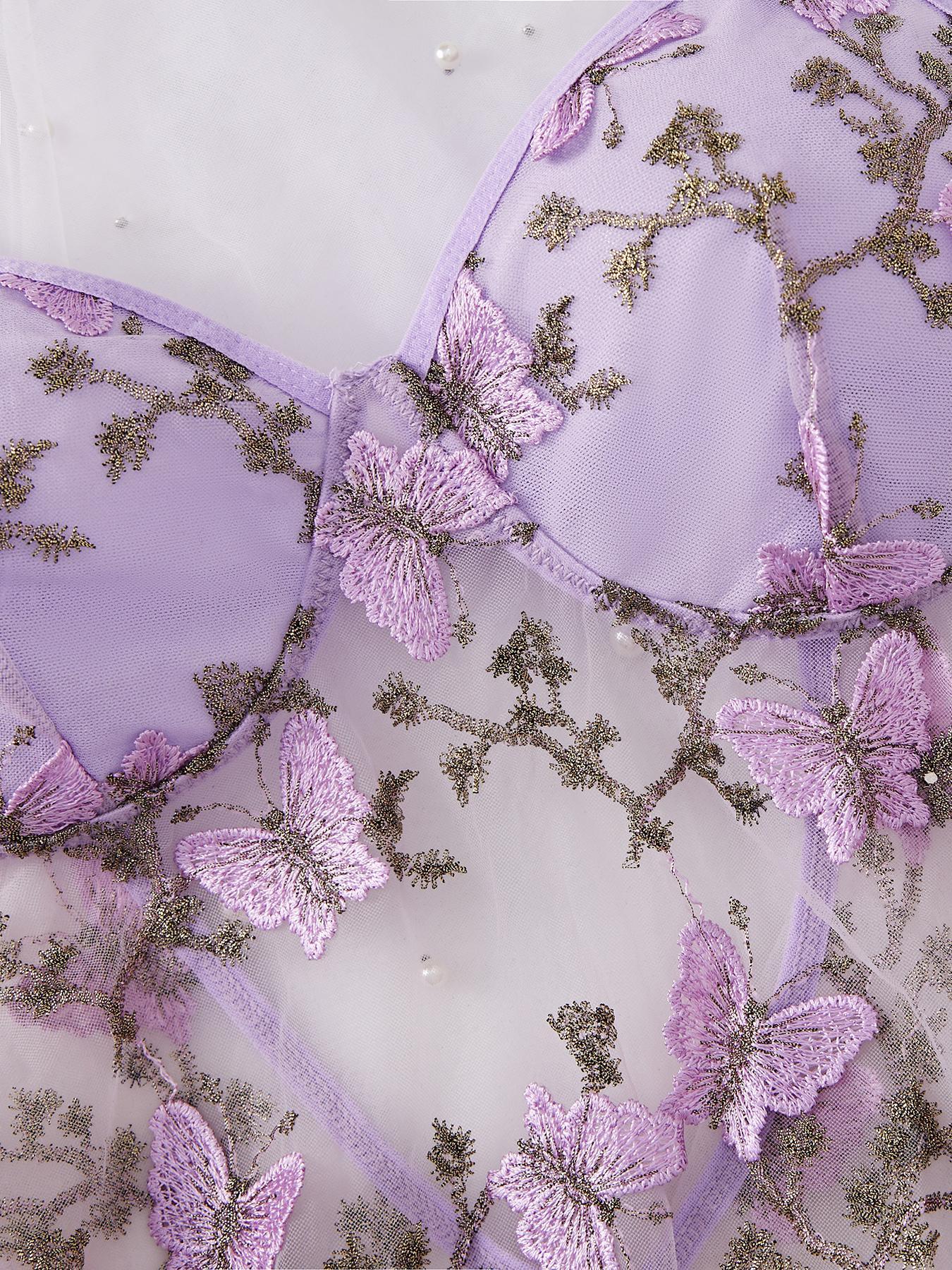 Women's Butterfly Embroidery Cami Nightdress & Thong Sexy Feminine Lingerie Set Underwear, Comfy Fitted Elegant Nighty Dress Set, Ladies Sleepwear for All Seasons