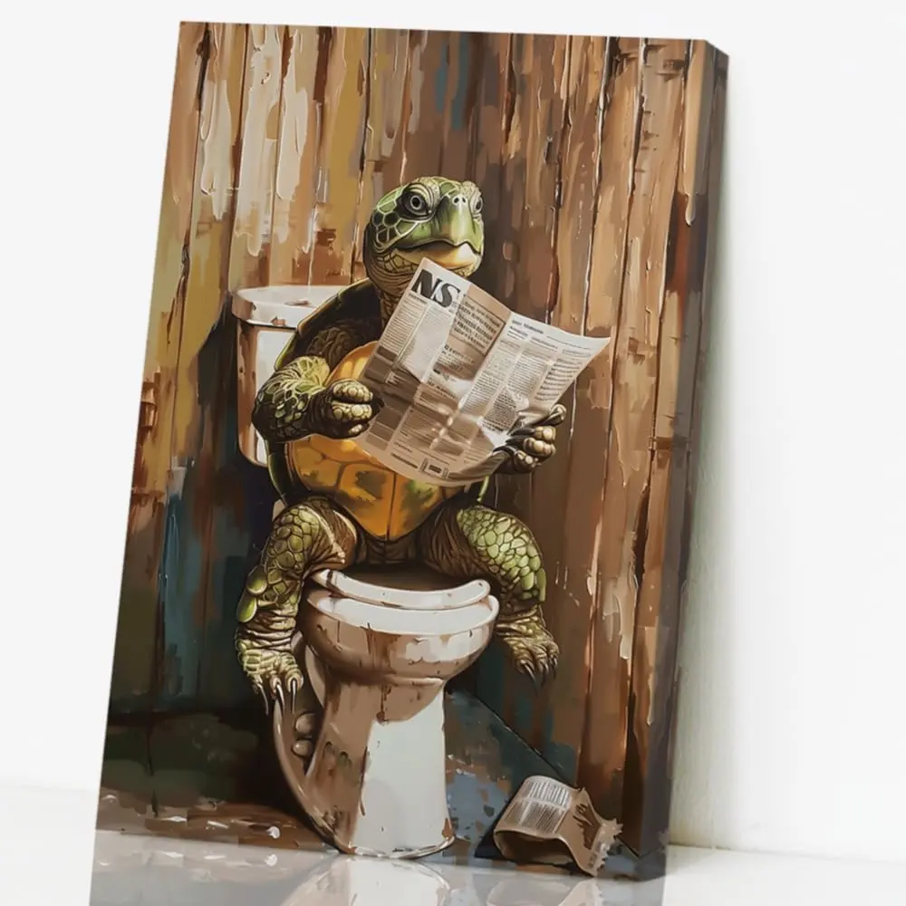 CCWORKERRY Sea Turtle Canvas Wall Art for Bathroom Decor Turtle Reading Newspaper on Toilet Poster Marine Humor Animal Pictures Prints Restroom Frame (brown,12W x 18L)