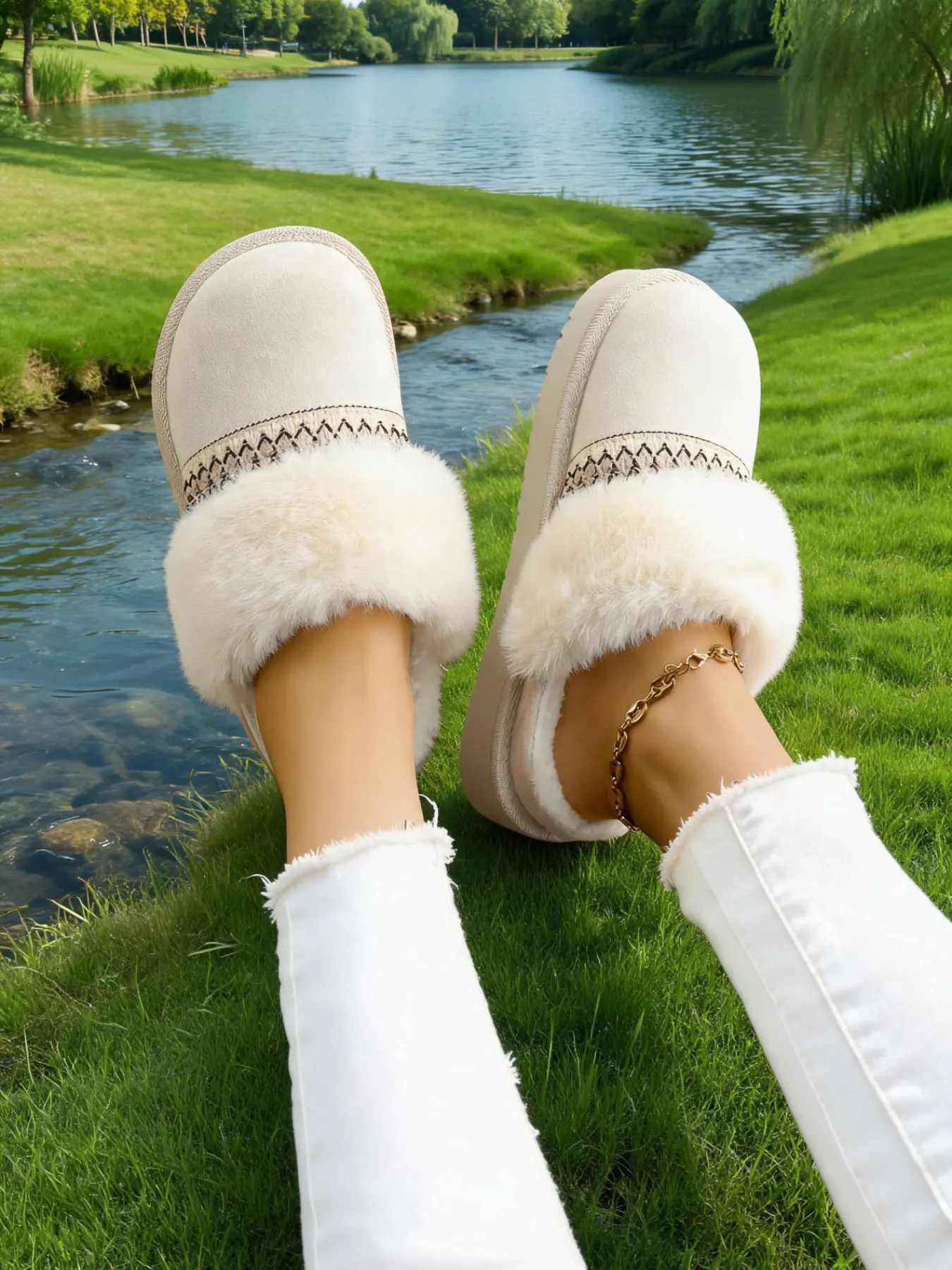 Women's New Plush Slippers, Winter Warm Leatherette Plush Toe Slippers, Vintage Wave Embroidery, Non-Slip Flat Sole, All-Season Casual Footwear