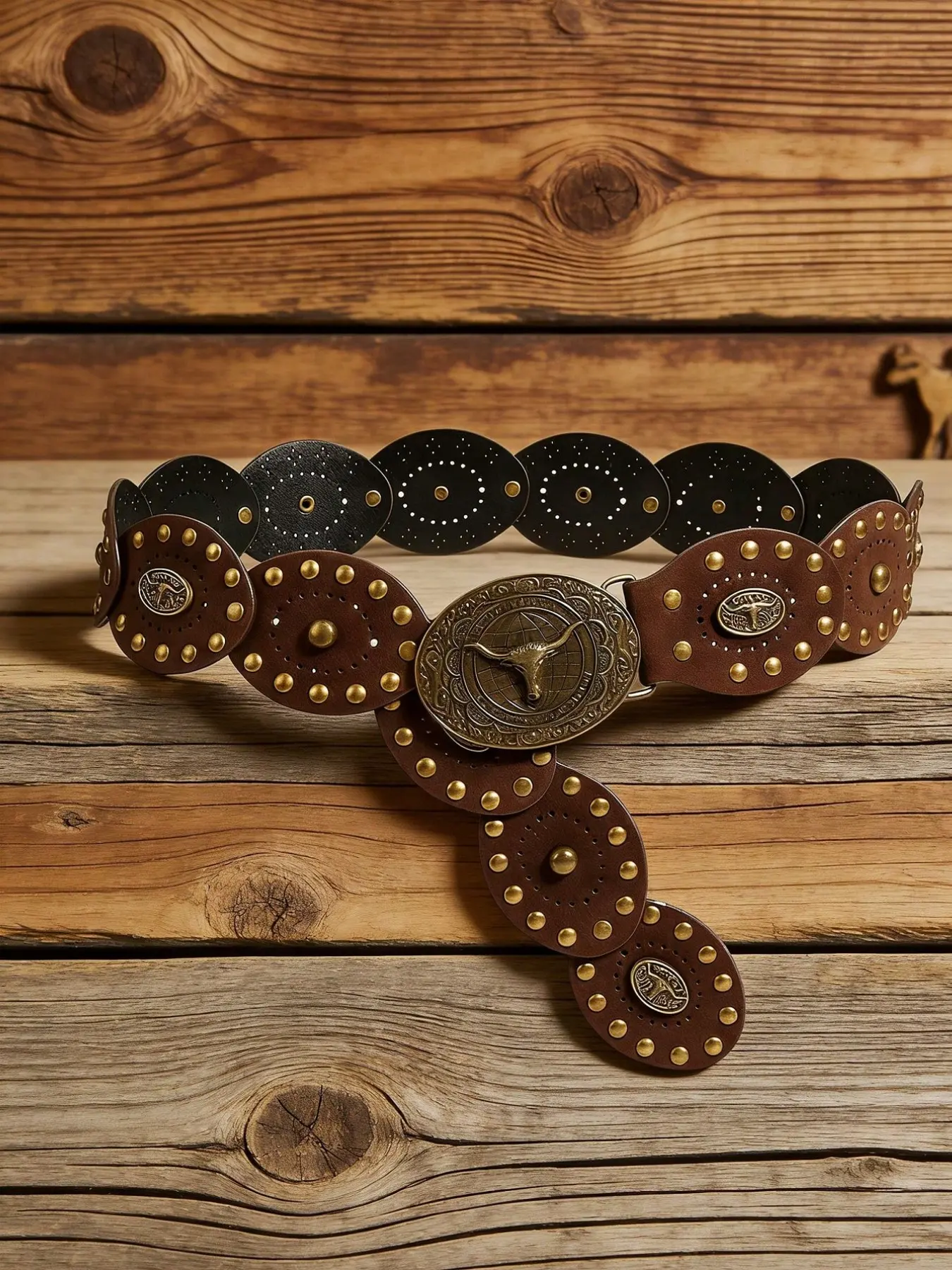 Boho Patchwork Belt for Women, Cowgirl Boho Belt, Western Cowboy Belts, Rivet Decorated Belt, Wide Western Retro Belt with Bull Head Rivets, Perfect for Bikinis, Skirts, Dresses, Pants