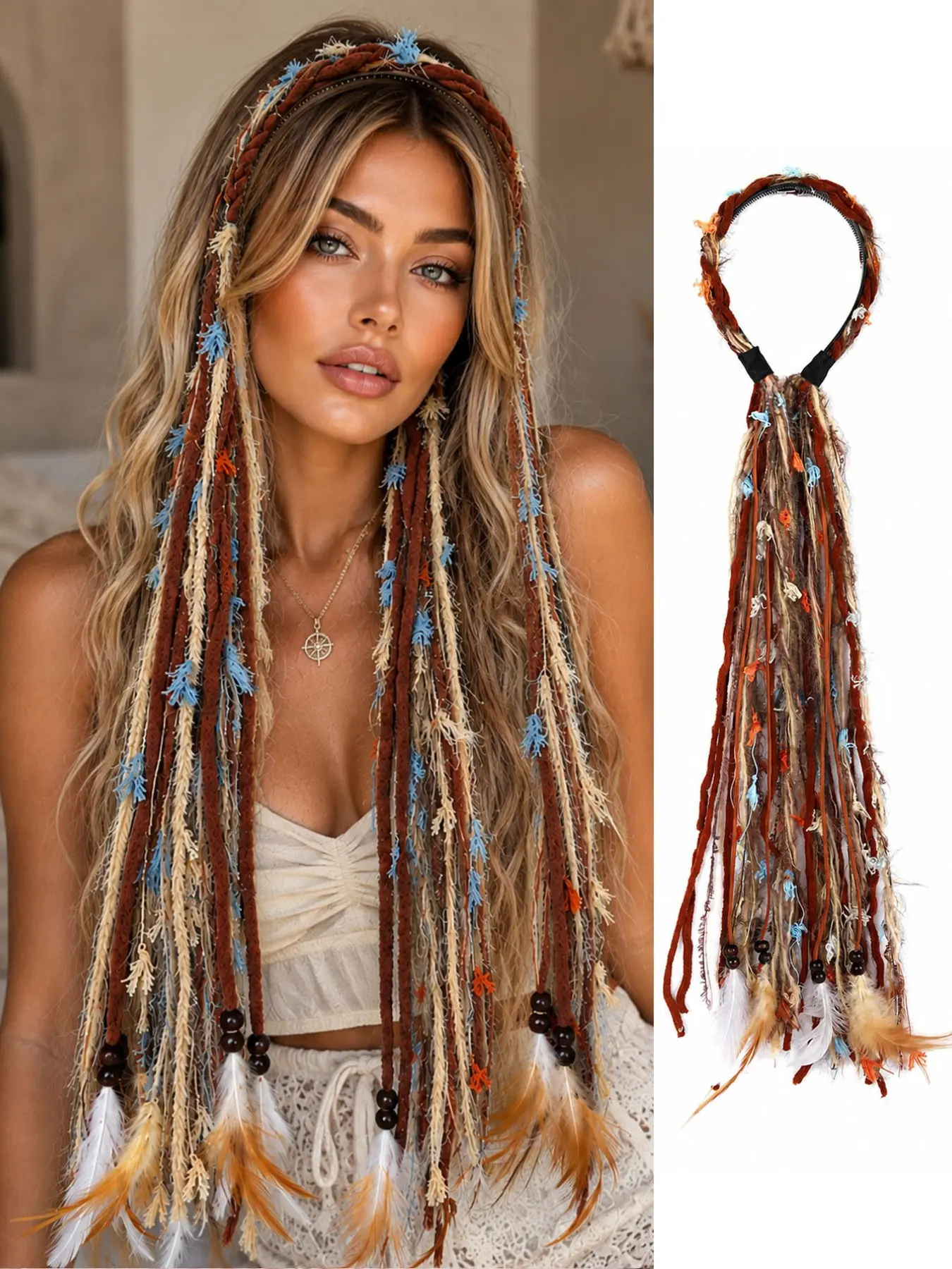Women Synthetic Handmade Boho Dreadlock Tassel Headband, Multi-color Long Fringe Braided Hair Band, Bohemian Festival Hair Acces, Hair Accessory Headband