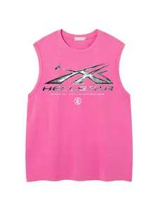 American Vintage Dark Street Style, Washed Dyed Star and Flame Design, Men's Summer New Fashion Casual Sport Sleeveless Top