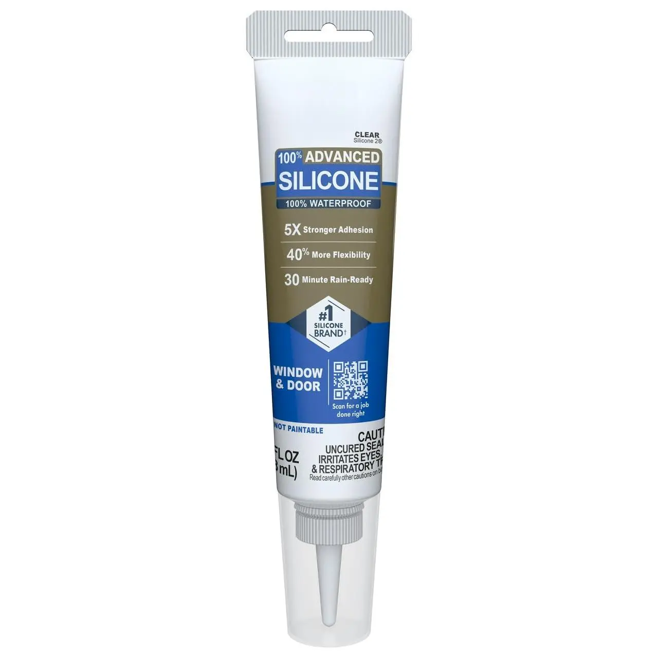 Advanced Silicone Caulk for Windows & Doors (Clear, 2.8 fl oz Tube, Pack of 1) - 100% Waterproof Sealant, 5X Strong Bond, Rain-Ready in 30 Minutes, Freeze & Sun Proof, 10-Year Protection, Adheres to Metals & Woods & Most Materials, Durable Cured Sealant,