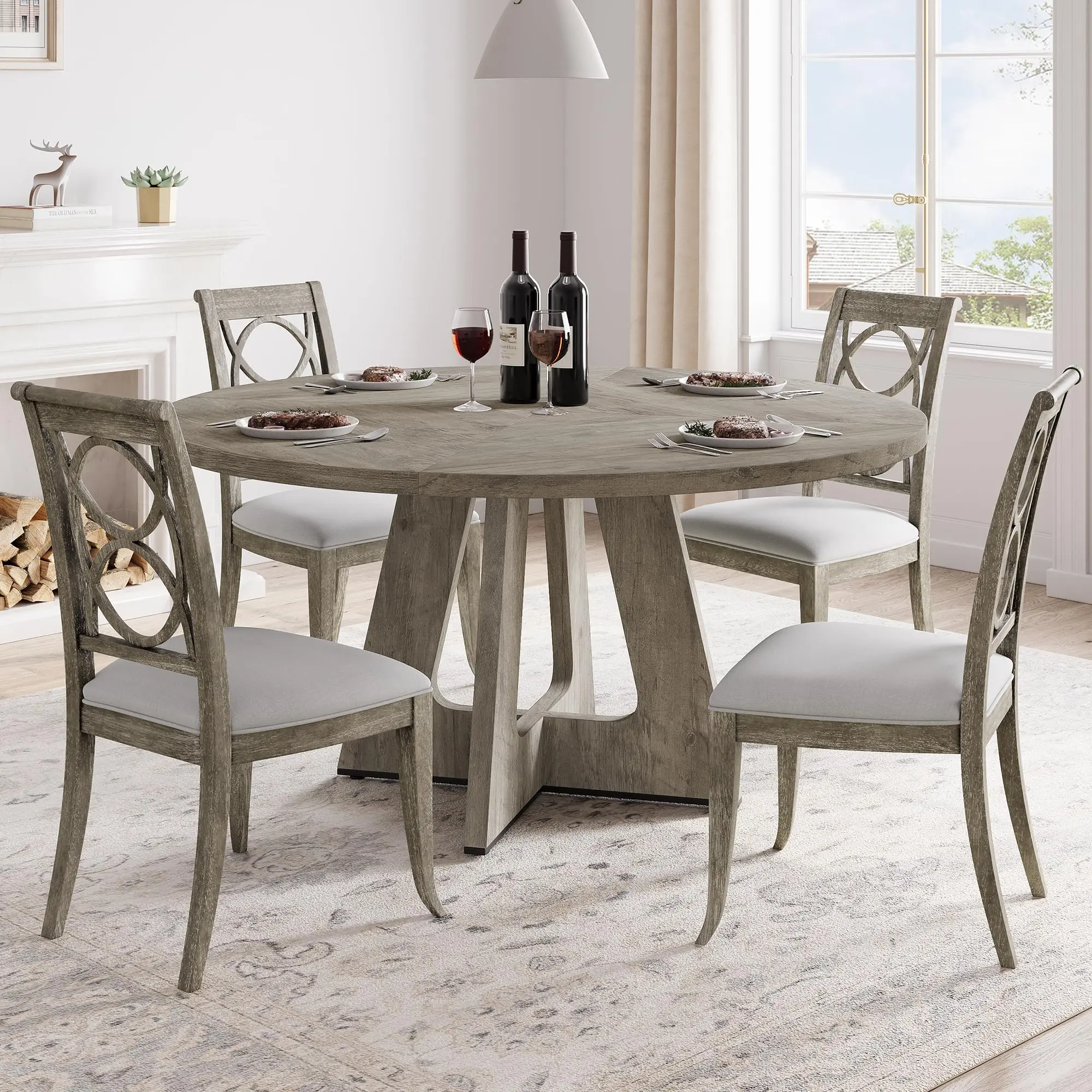 47" Round Farmhouse Dining Table - Grey Solid Wood-Look MDF, 4-6 People Capacity, Adjustable Legs, Anti-Wobble, Scratch-Resistant, Easy Setup, 300lbs Capacity, Rustic Farmhouse Decor, Round Design Wooden Large Flat Proven Durability Dining Room Furniture