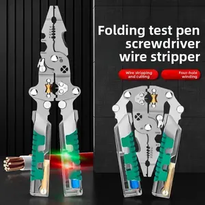 Electrician’s tool belt with voltage tester, wire separator, winding and crimping pliers, folding electrician’s pliers, and multi‑functional wire stripper.