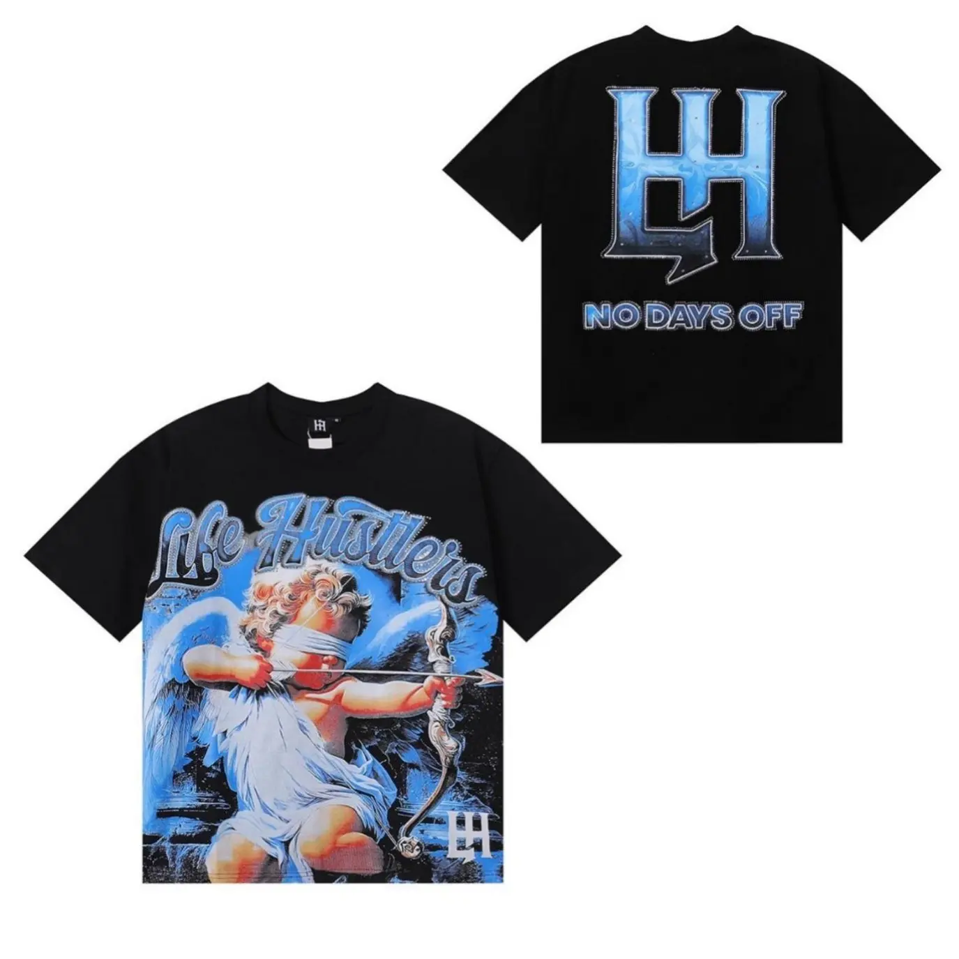 Life Hustlers Unisex Y2K Hip Hop Rhinestone Graphic Cotton Tee Vintage Washed Oversized Streetwear Cyber Grunge Summer Short Sleeve Retro Urban Trendy Shirt