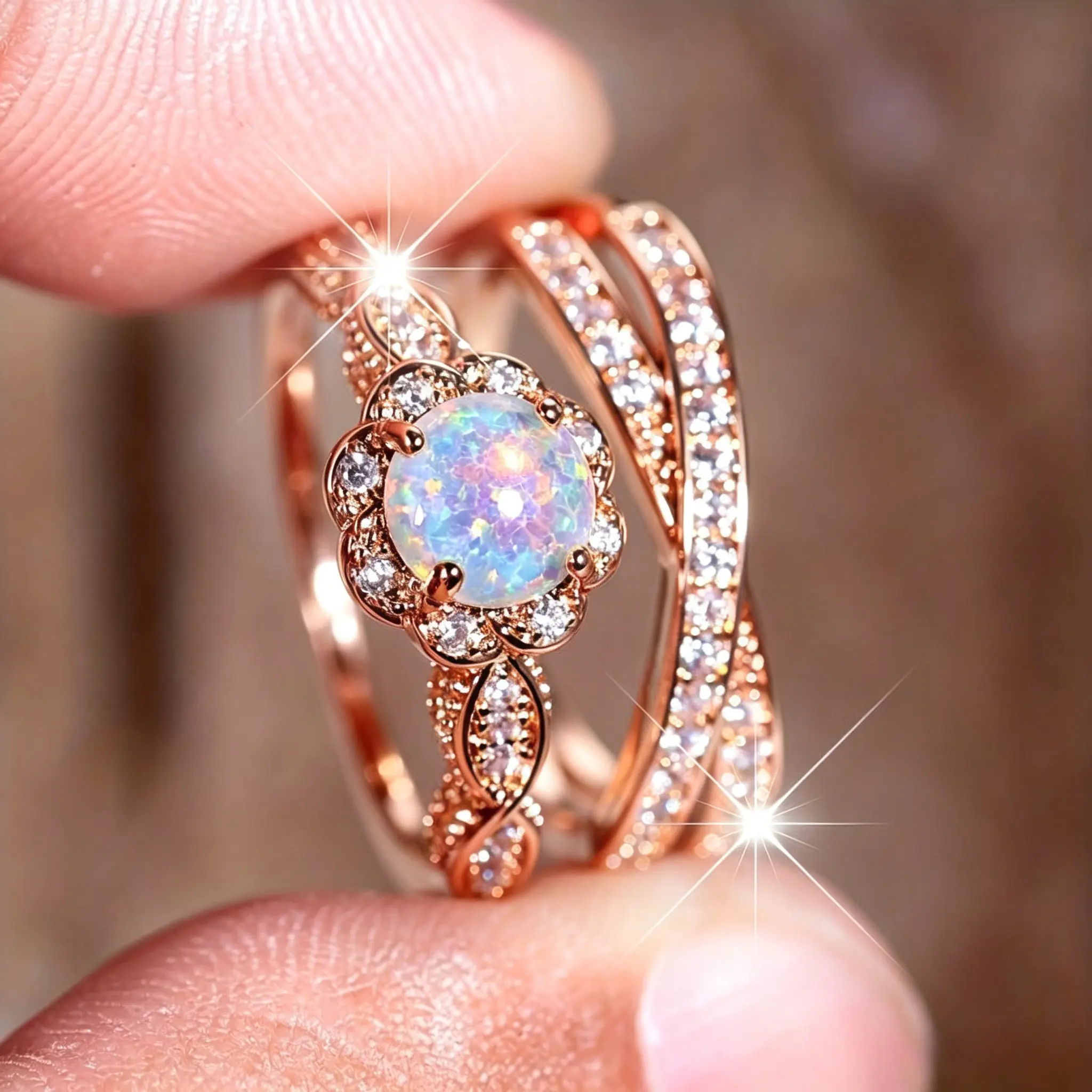 2pcs Opal and Rhinestone Stacking Rings - Trendy X Shape/Halo Design for Daily Outfits and Weddings gemstone Wedding Engagement Promise Bride eternity Ring Anniversary Ring birthstone ring ladies romantic holiday gift