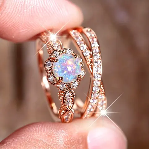 Women's 2-Part Opal & Rhinestone Solitaire Stackable Rings - Trendy X Shape/Halo Design Elegant Glittering Jewelry Stack/Ring Stack for Daily Wear & Weddings, Romantic Gift for Women