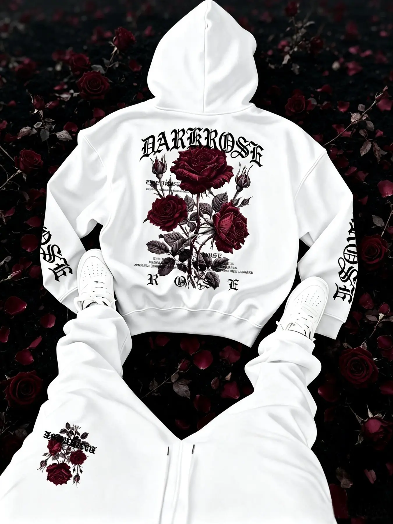 Men's Dark Style Letter Rose Print Hoodie Set, Drawstring Casual Sports Pants, Outdoor Daily Wear, Athleisure Tracksuit, 2-Piece Set