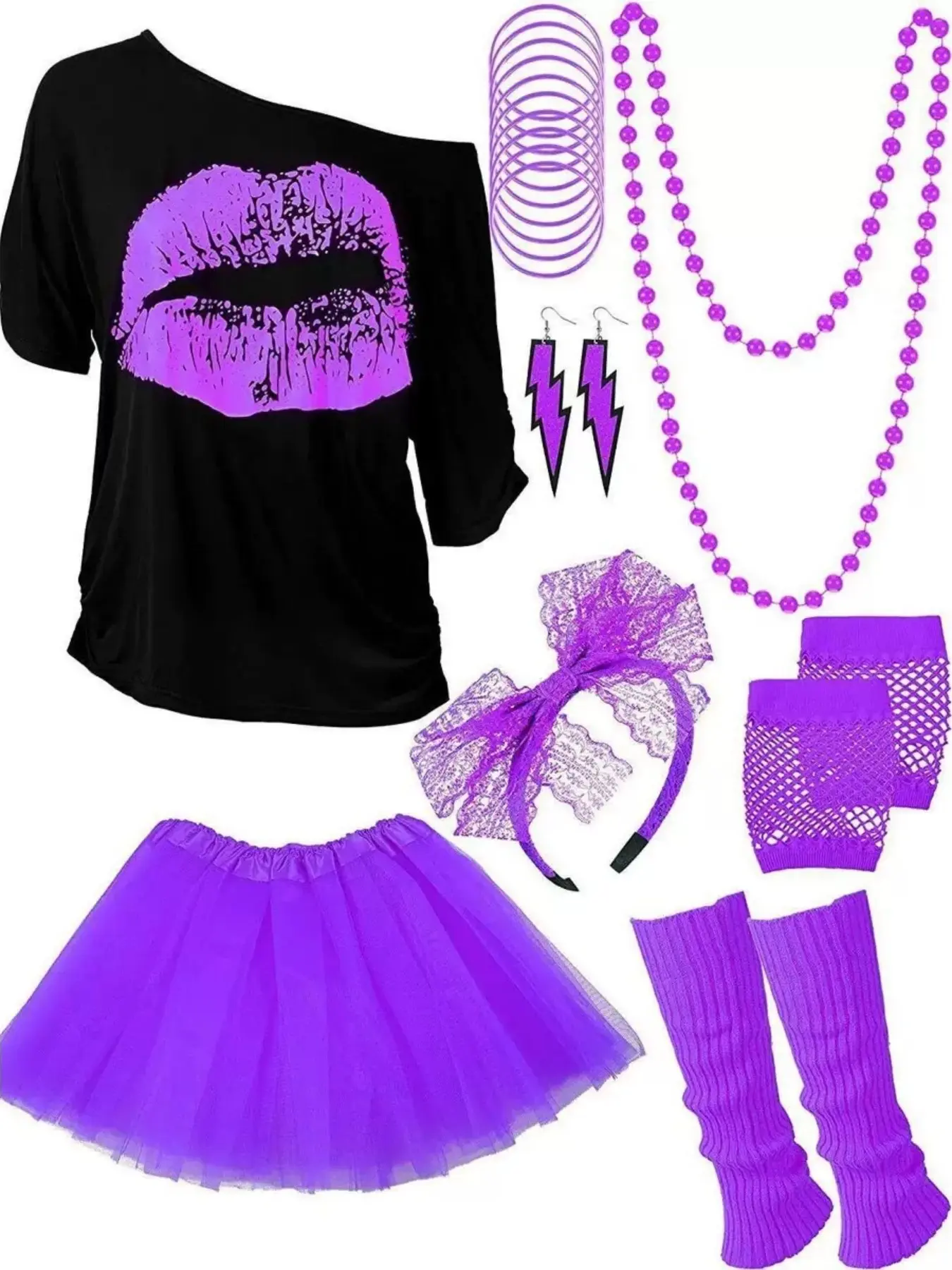 80s Retro Disco Cosplay Costumes With Accessories Set, Adult Neon Lip Print T-Shirt Tutu Dress, Perfect for Vintage Theme Parties, Halloween, Retro Dance Events