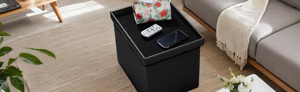 Storage Ottoman Folding Foot Rest Stool, Leather Footstool Bench, Short Ottoman Stool, Storage Foot Rest Store, Books (Black, 17" D x 13" W x 13" H)