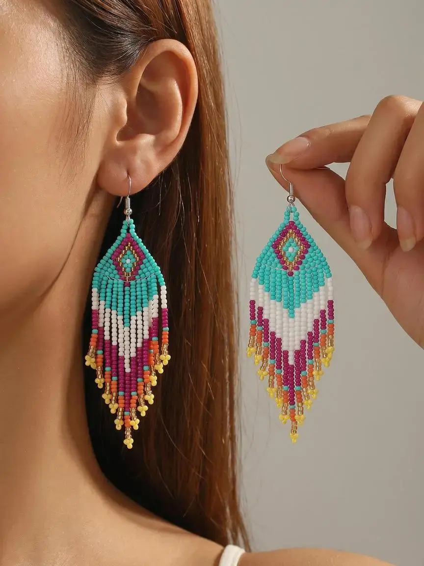 Women's Fashion Tassel Earrings, Bohemian Style, Geometric Gradient Pattern, Handmade Glass Beaded Dangle Earrings, Fashionable Earrings, All Seasons Wear, Boho Style Jewelry, Trendy Jewelry