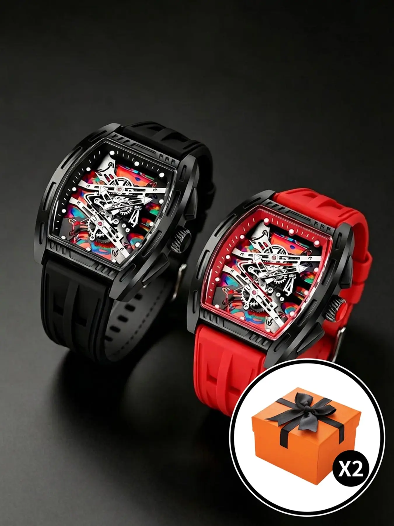 2pcs Men's Bucket Watch with Silicone Strap, Quartz Movement, Casual Style, All Seasons, Includes Gift Box