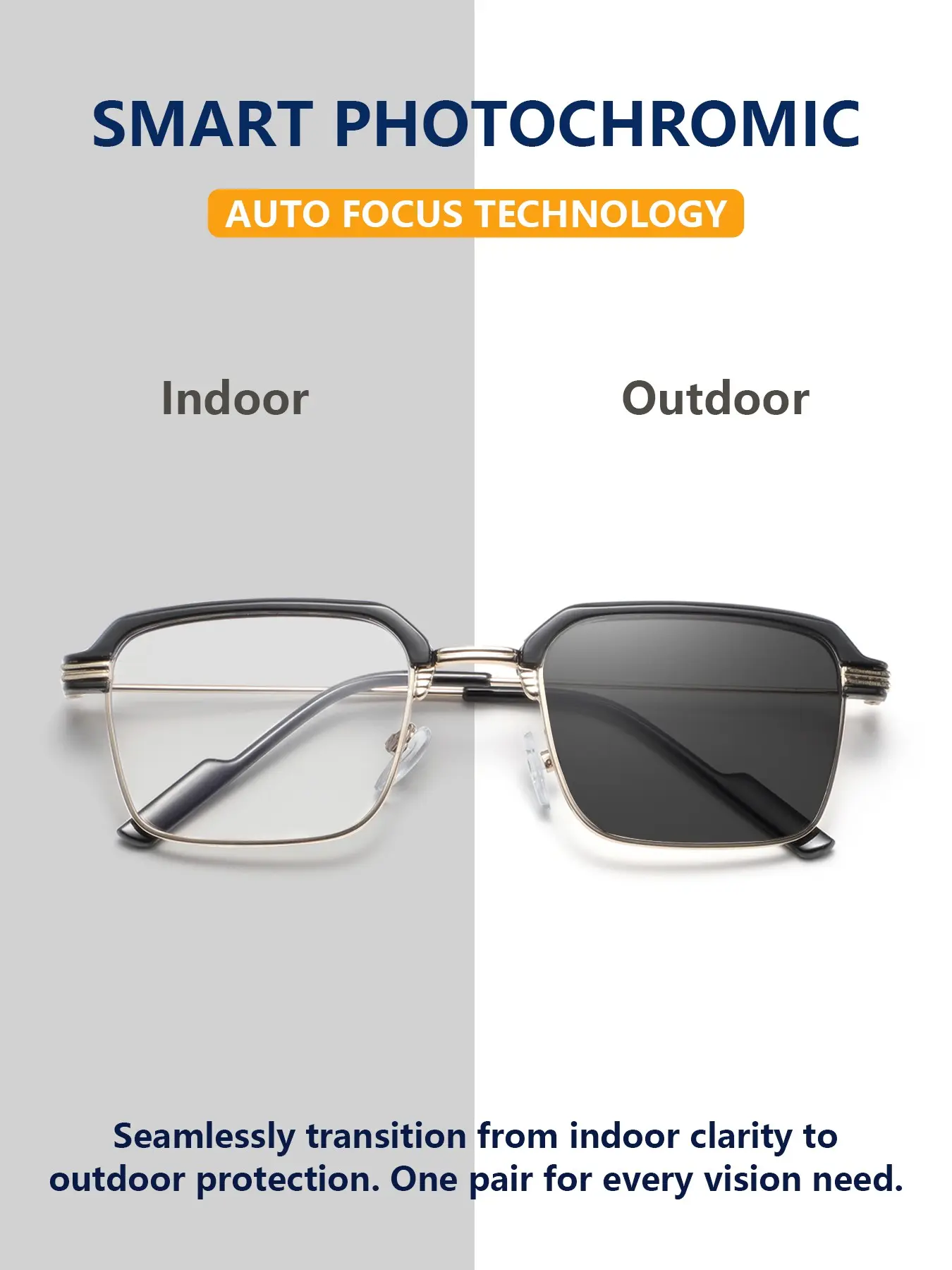 Metal Plastic Combination Frame Half-Frame Photochromic Glasses, Japanese Korean Style, Casual Fashion Eyewear for Daily Commute