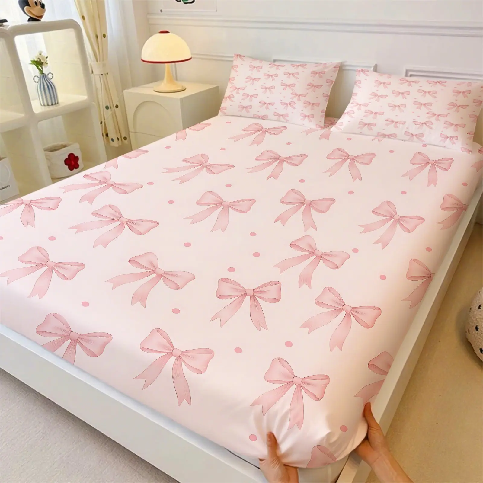 3-Piece Sweet Pink Bow Fitted Sheet Set, 1 Fitted Sheet + 2 Pillowcases Coquette Ribbon Print Bedding, Soft Microfiber Bed Linen for Girls Teens, All Season Bedroom Decor, Cute Aesthetic Bedding, Printed Bedding Set