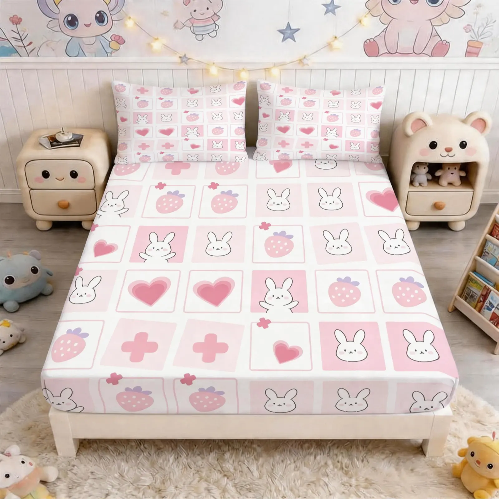 Cute Bunny Fitted Sheet 3-Piece Set (1 Fitted Sheet + 2 Pillowcases, No Pillow Insert Included), Kawaii Sweet Style, Deep Pocket Soft & Breathable Fabric, Ideal for Teens & Adults Bedroom Decor, Perfect for Family Use, Breathable Bedding Set