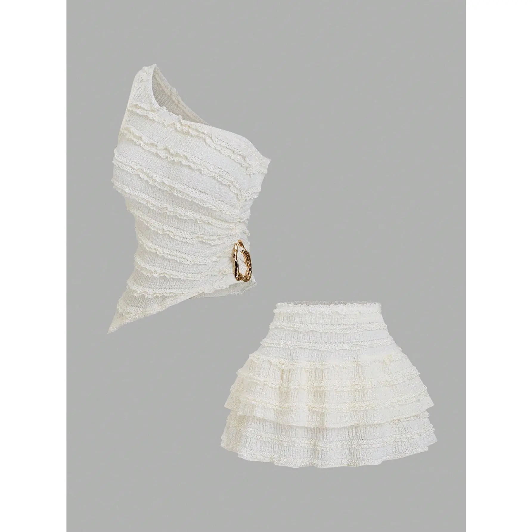 Women's 2 Piece Skirt Sets Y2k One Shoulder Tank Tops and Ruffle Layered Mini Skirt Summer Vacation Outfits