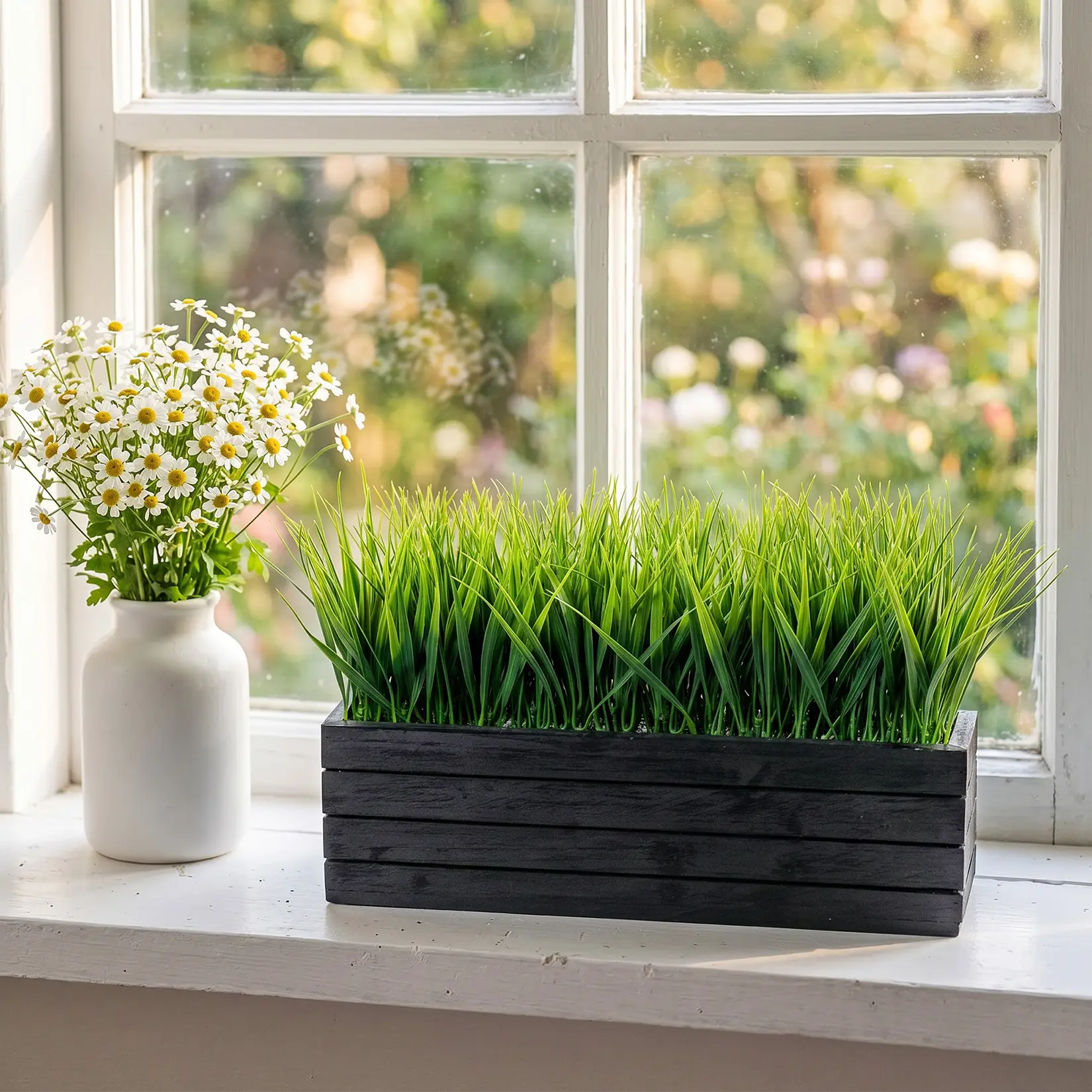 1 Pack 14 Inch Artificial Grass Plant in Black Wooden Planter Rectangular Fake Plants Faux Greenery Rustic Windowsill Planter Box for Home Decor