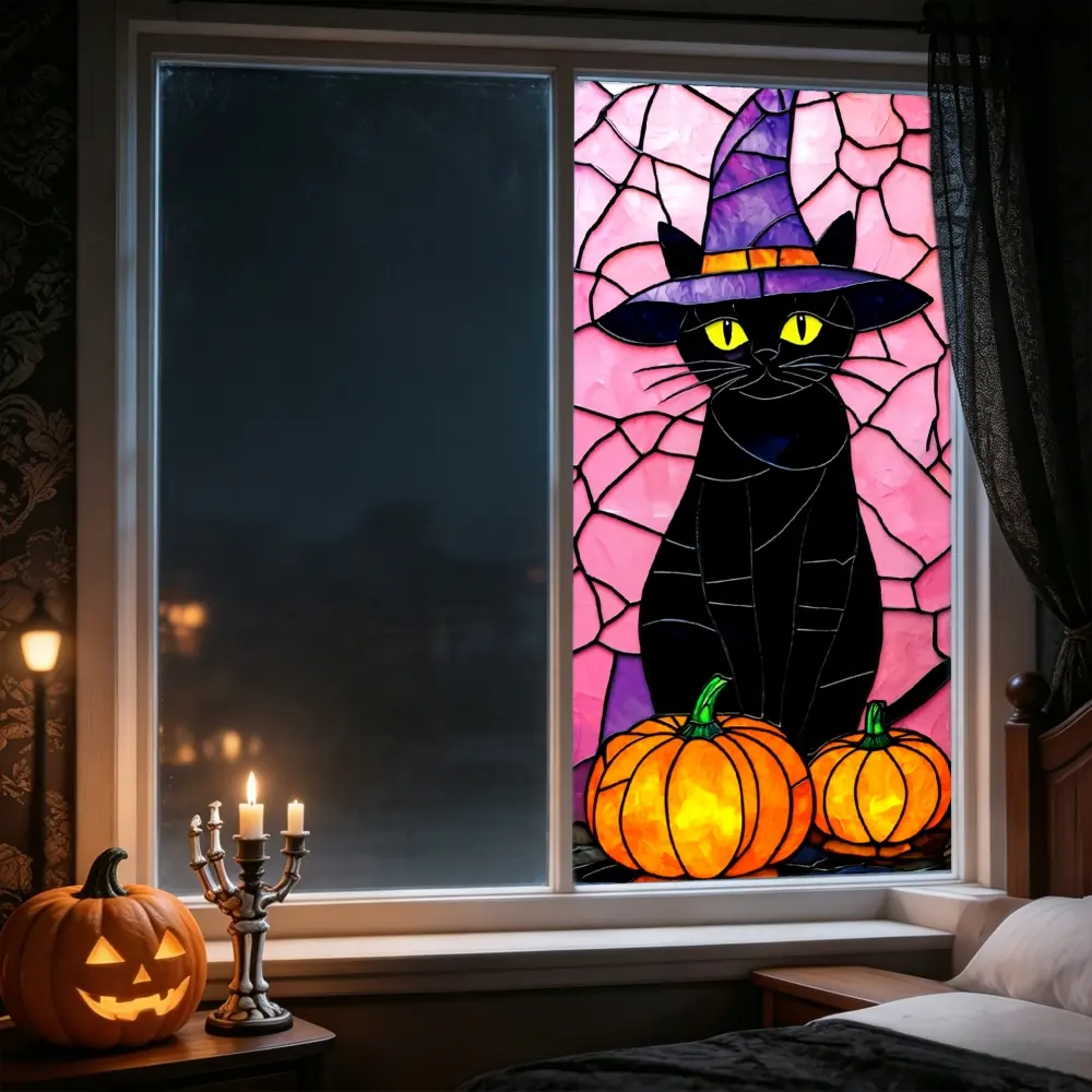 1pc, Stained Glass Style, Black Cat Witch Hat And Glowing Pumpkins Pattern, Halloween Window Privacy Film, Sunscreen Static Cling Window Sticker, Removable Glass Window Decals, Decorative Stickers
