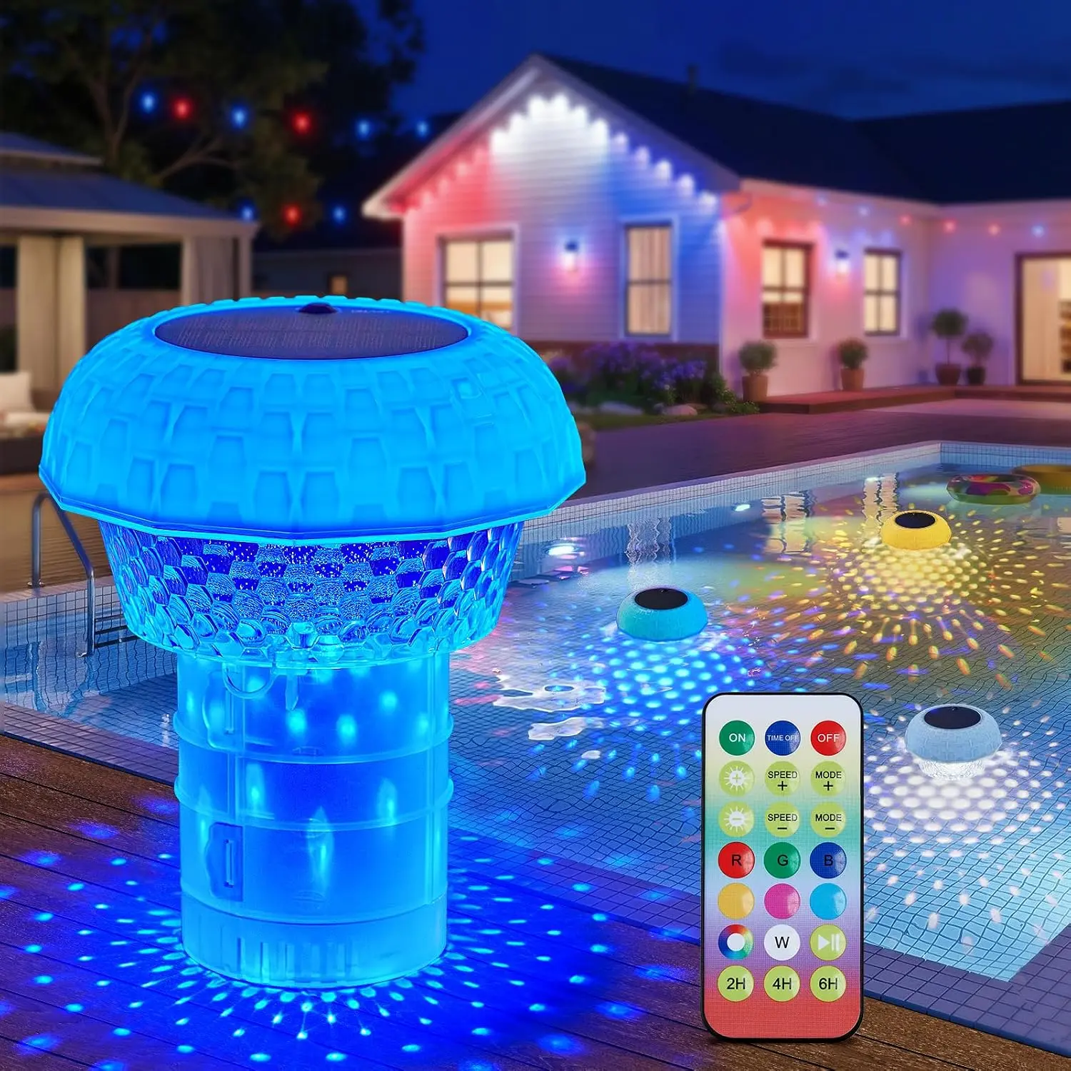 2-in-1 Solar Powered Floating Pool Light with Chlorine Dispenser, 6.7in Round Base, RGBWW LED, 20+ Light Effects, Remote Control, IP68 Waterproof, 8-12hrs Ripple Glow for Above Ground Pools, Party Decor