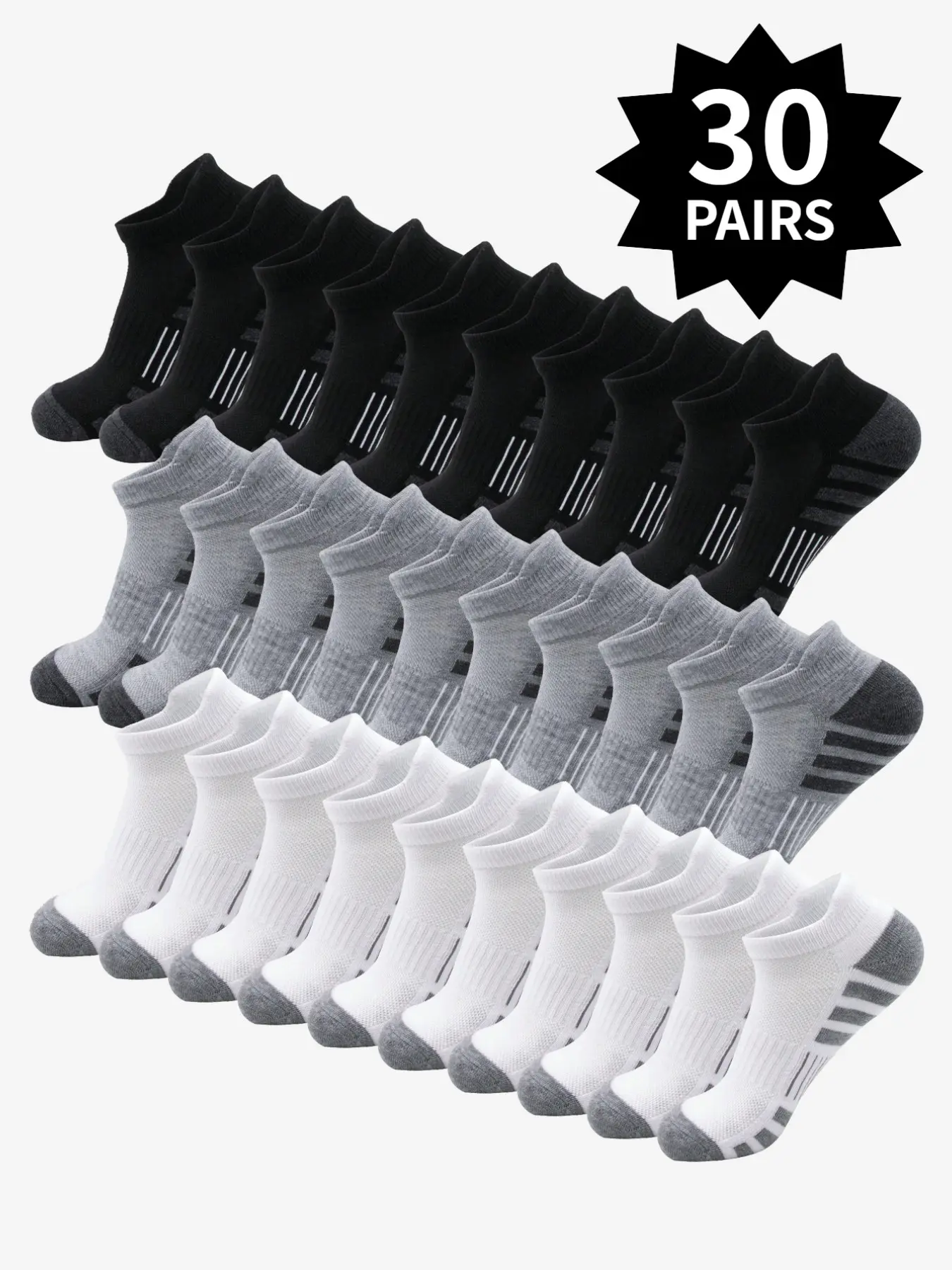 30 Pairs Men's Plain Striped Ankle Socks, Sporty Comfortable Breathable Socks, Soft Fabric, All Seasons, Daily Wear, Spring & Four-Seasons Style