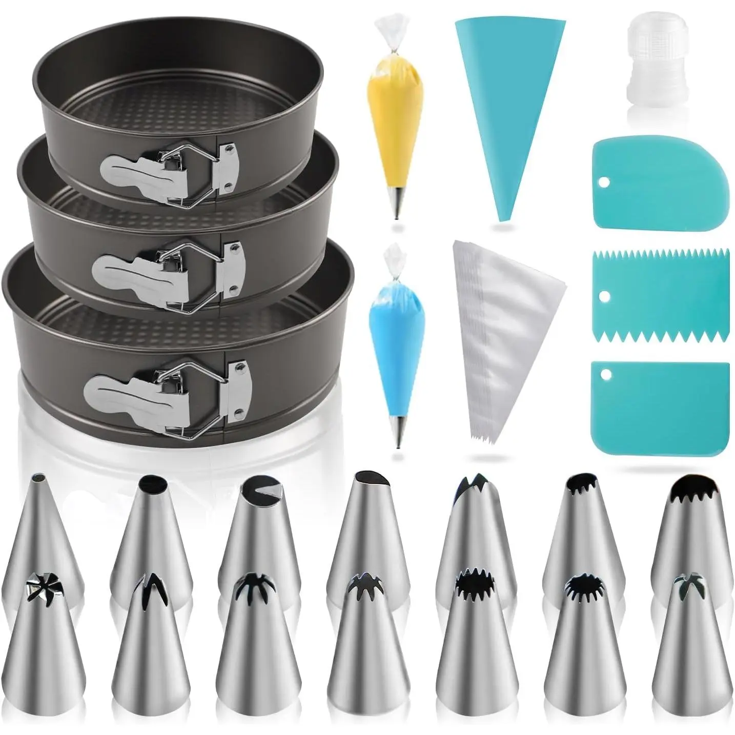 122PCs Cake Pan Sets for Baking, 7/8/9 Inch Round Cake Pans, Nonstick Springform Cake Pans, Cheesecake Baking Pans with 100 Pcs Piping Bags, 16 Pcs Nozzles, 3 Pcs Scrappers