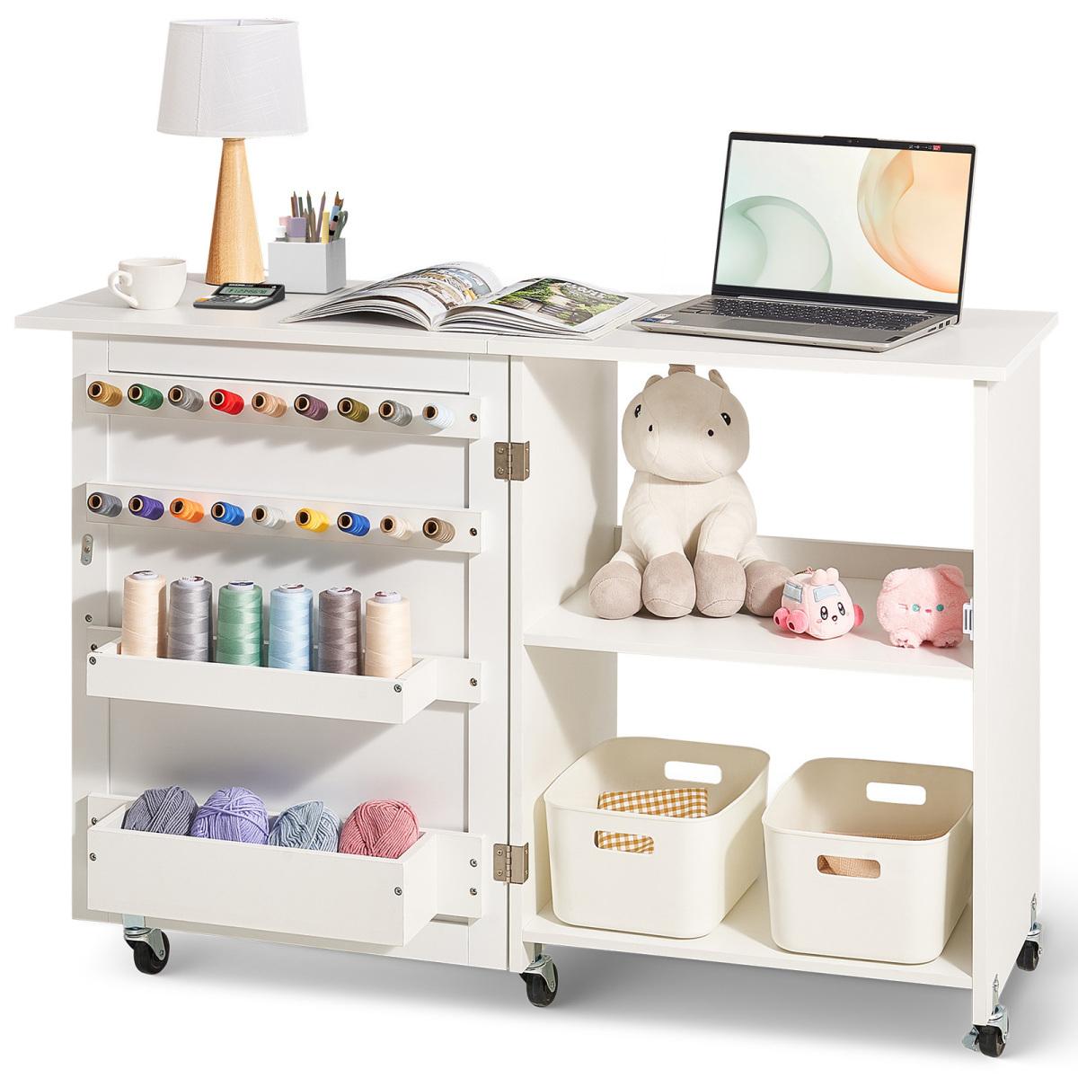 Folding Sewing Table with Lockable Wheels Storage Shelves Trays Door White