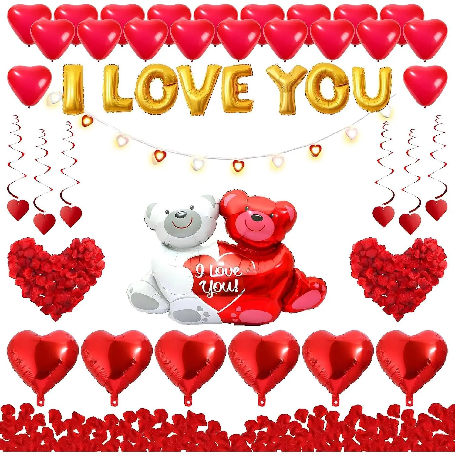 Valentines Balloon Kit Decorations with I Love You Balloons,  Balloons with 1000 count Silk Red Rose Petals, Heart  Swirls for Valentines Day Proposal Wedding Anniversary Decor