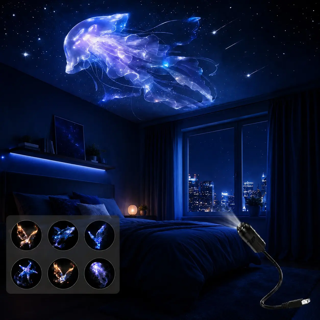 Decorative Ocean Projection Light, USB Powered Mini LED Lamp with 6 Pattern Discs, Whale, Butterfly, Jellyfish and Starfish Modern Mood Lighting for Bedroom, Home and Party Decor