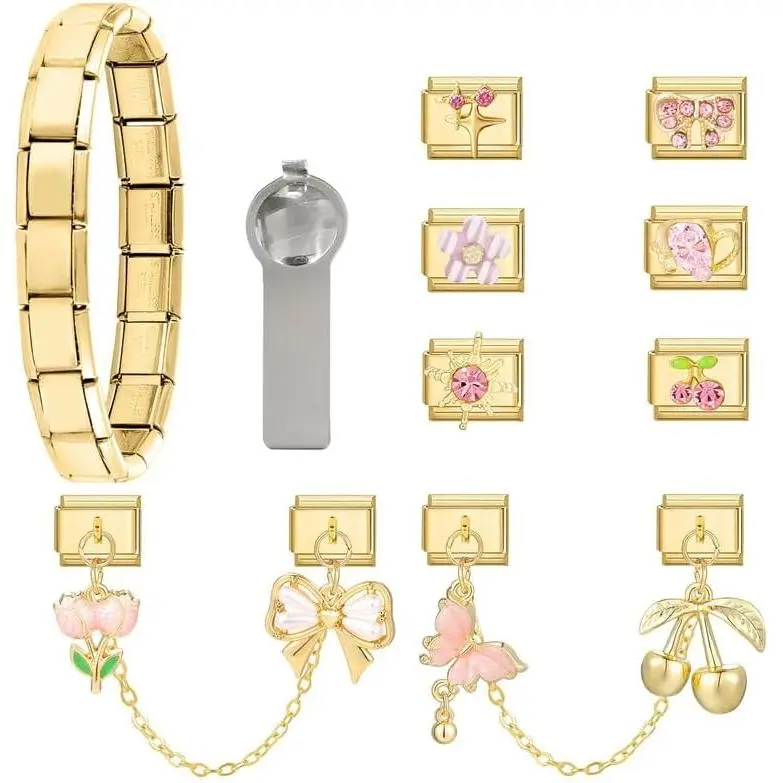 Italian Charm Bracelet   9mm Stainless Steel Links Kit | Women's Italian Style Charms, DIY removable Bracelets Set with Starter Bracelet, Opening Tool and 10 Modules,