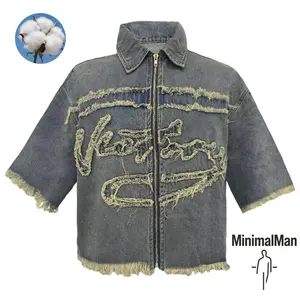 MinimalMan Men's High Cotton Vintage Washed Denim Short Sleeve Shirt, Zip Up Raw Frayed Edge Distressed Cropped Button Down Shirts with Embroidery Patches for Streetwear Hip Hop Casual Outfits
