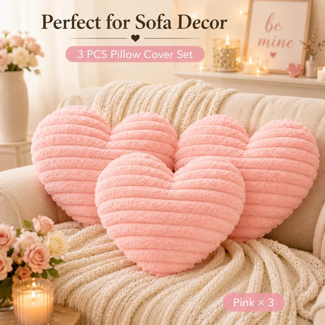 3-Pack Heart-Shaped Pillowcases, 40x45cm, Soft Plush, //, Sofa Bedroom Living Room Decor, Valentine's Day Home Decoration