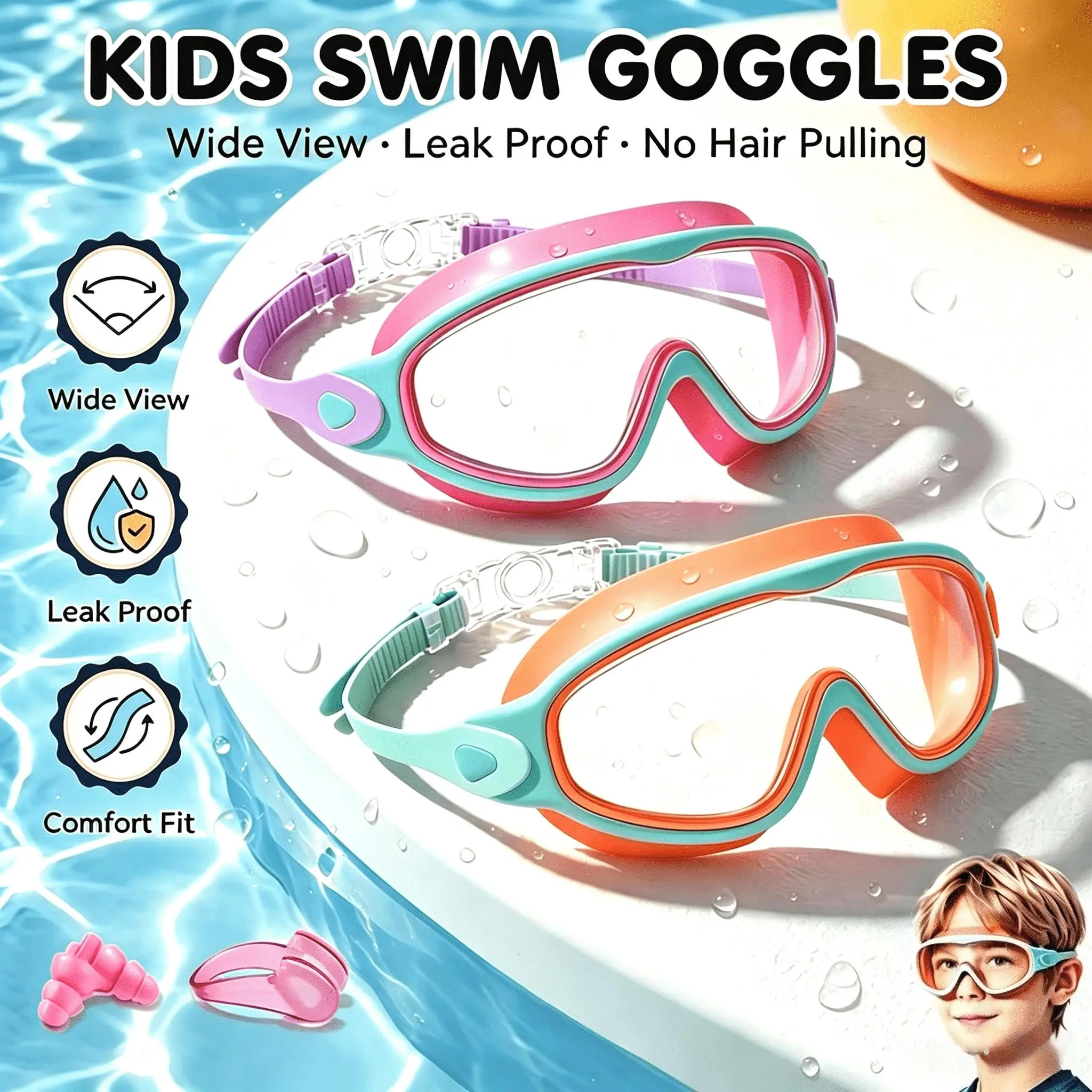 2 Pack Kids Swim Goggles for 3-15+ UV Protection Anti-Fog High Definition Waterproof Adjustable Goggles for Boys and Girls - Safety anti-uv swimming goggles swim glass anti-fog with Earplugs & Nose Clip,for Lake,Beach, Summer Party