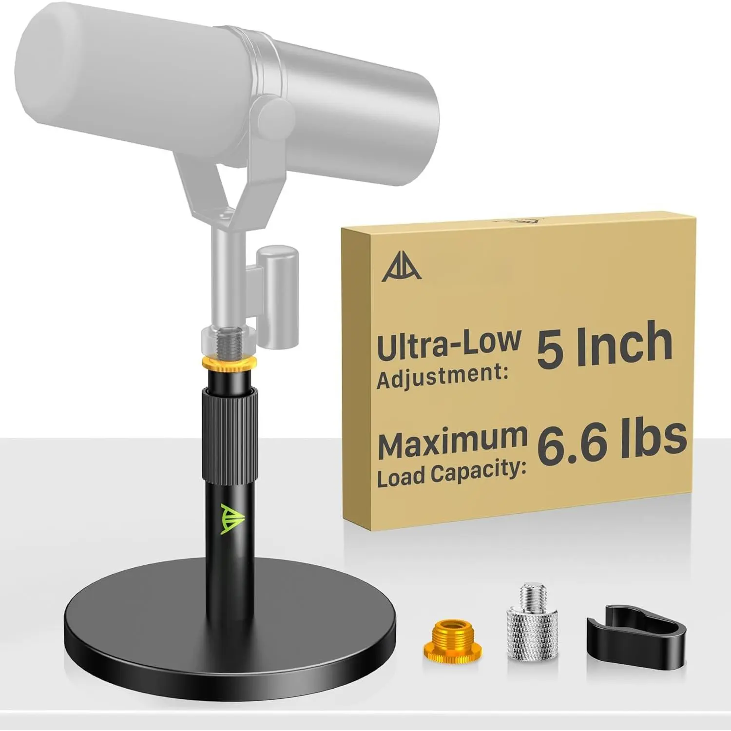 Metal Tabletop Short Mic Stand with 1/4” Adapter, Ultra Low 5 in Adjustable Height Recording Accessory, 6.6lbs Load Capacity, Compatible with Shure SM7B SM7dB MV7+ MV7X MV6 & Rode PodMic for Podcasting, Streaming Setups, Interviews, At2020