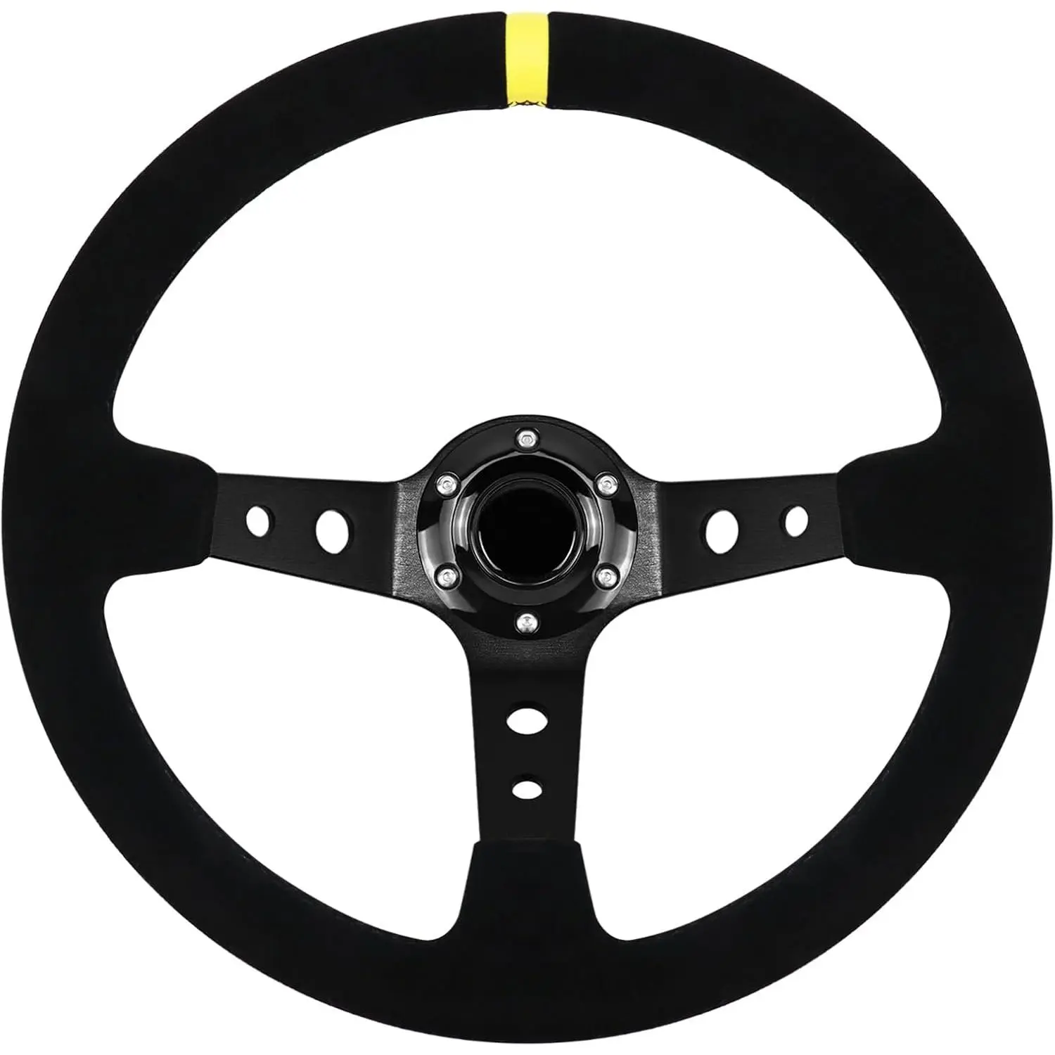 13.6" Universal Suede Steering Wheel Deep Dish Racing Steering Wheel 6 Bolts with Horn Button for Race/Rally/Motorsport/Car Sim Driving,Yellow Positioning Line