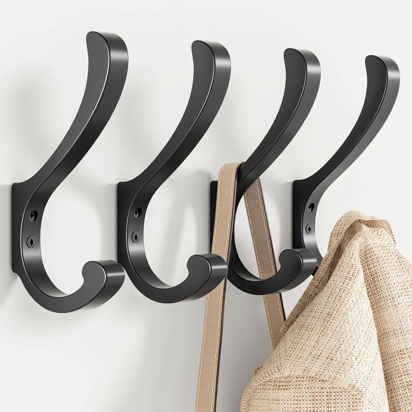 Coat Hooks for  Heavy Duty -  (5.4 inch) Wall Mount Hooks for Backpacks, Purses, Clothes, Towels, Bags - Black Metal Screw-in Hooks for Mudroom, Closet, Door, Bathroom - 4 Pack