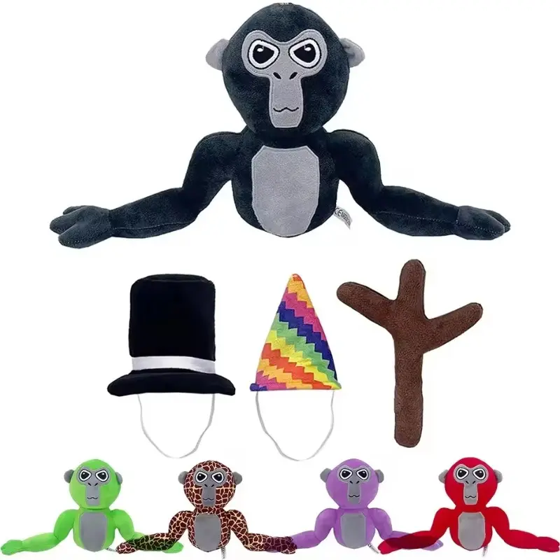 Green Gorilla Plush Toy With Detachable Accessories Set Bright Green Monkey Gorilla Stuffed Animal Gray Chest Patch Big Embroidered Eyes 2 Interchangeable Hats Black Top Hat Rainbow Zigzag Party Hat Brown Tree Branch Prop Funny Customizable Plushies Gift