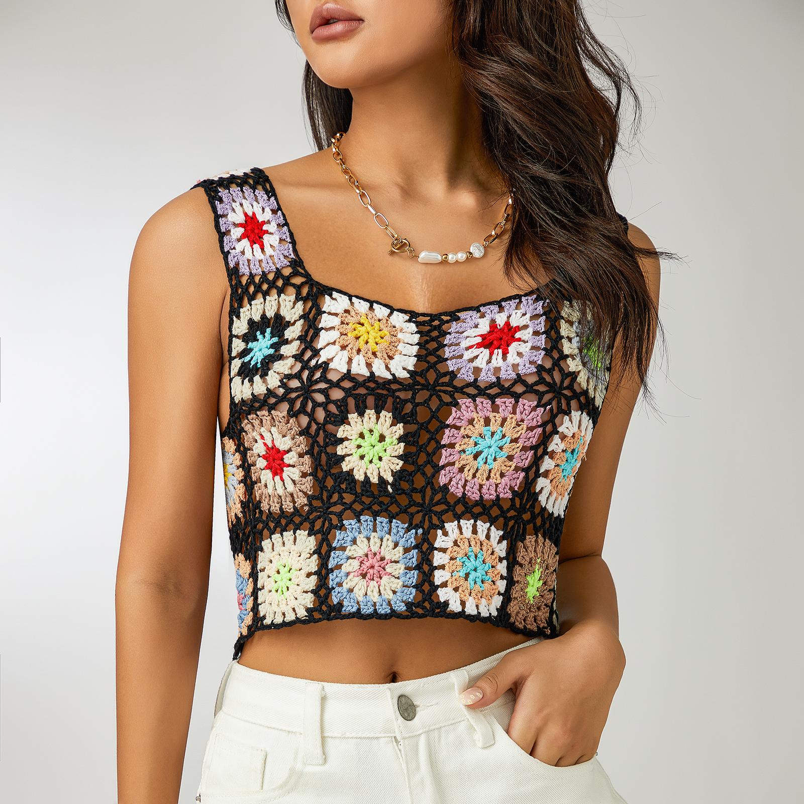 Women´s Summer Sleeveless Tops Ladies Female Colorful Hand Crochet Embroidery Openwork Knit Tank Tops Womenswear Streetwear