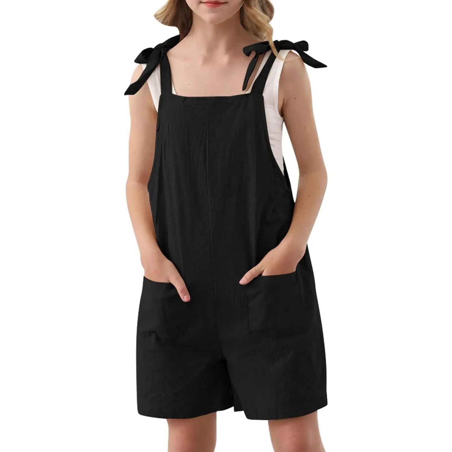 Girls Sleeveless Romper Short Jumpsuit with Adjustable Tie-Up Straps and Pocket, Summer Outfit for 5-12 Years(Gift)