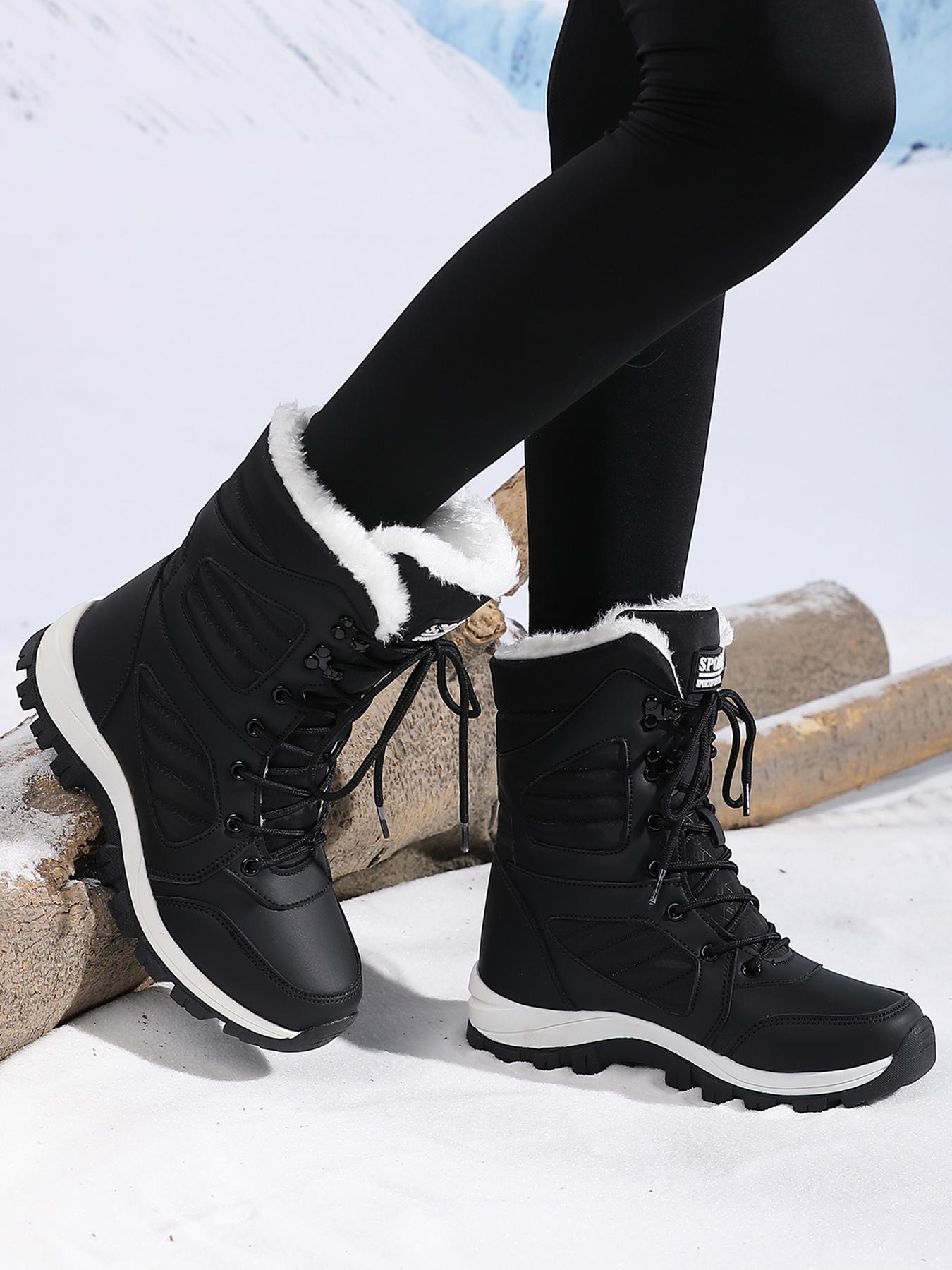 Women's Solid Color Plush Lined Thick-Soled Lace Up Snow Boots Winter Booties, Thermal Warm Casual Sporty Comfortable Outdoor Sports Boots for Fall & Winter, Female All-match Round Toe Shoes for Daily Wear