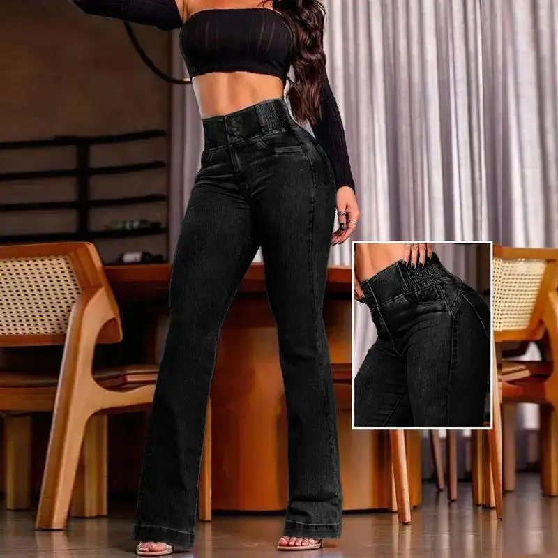 Women’s High Rise Button Front Jeans, Shirred Back Waist Denim Pants with Pockets, Casual Minimalist Outfit