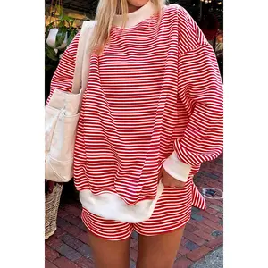 Red Stripe Oversize Mock Neck Sweatshirt and Shorts Set
