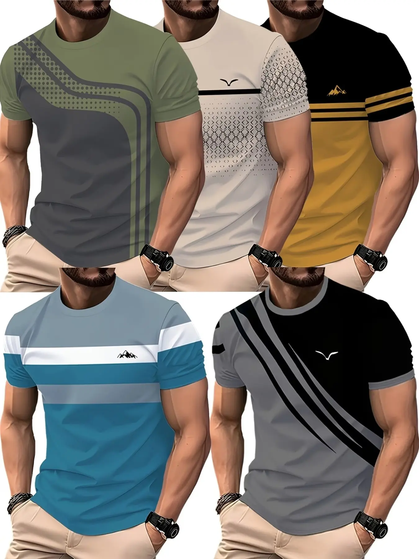 5-Pack Men's T-Shirts, Summer Casual Short Sleeve Round Neck, Breathable Comfortable All-Over Print, Outdoor Commute Wear, Top, Menswear