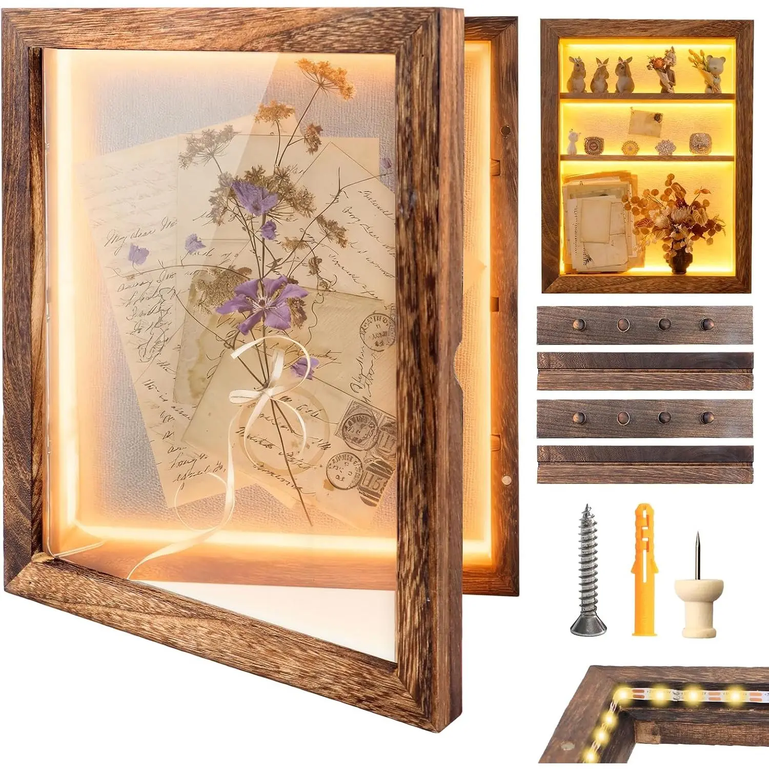Shadow Box 14x11 Brown Picture Frames Display Cases with LED Light,Memory Keepsakes Boxes with 4 Removable Trinket Shelf,for Anniversary Wedding  Graduates Memorial Collect Deep Brown
