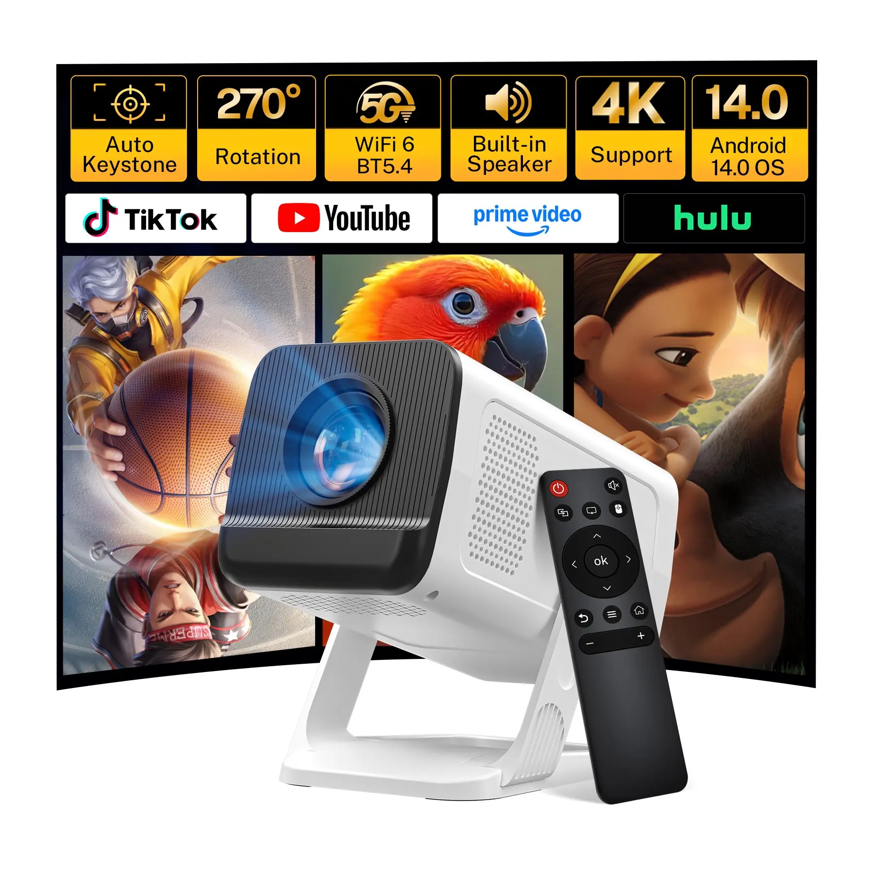 [2026 Upgraded] X1 Projector 290ANSI Android 14.0 Dual WiFi6 8K 4K Decode Auto Keystone Correction Wireless BT5.4 130"Screen 1280*720P 180° Rotatable Mini Portable Home Cinema Outdoor Audio Summervibes Gift