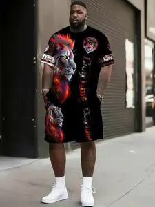 Men's Large Size Lion 3D Print Suit Set, Trendy Round Neck Short Sleeve Shorts Two-Piece Outfit, Casual Summer Comfort Wear