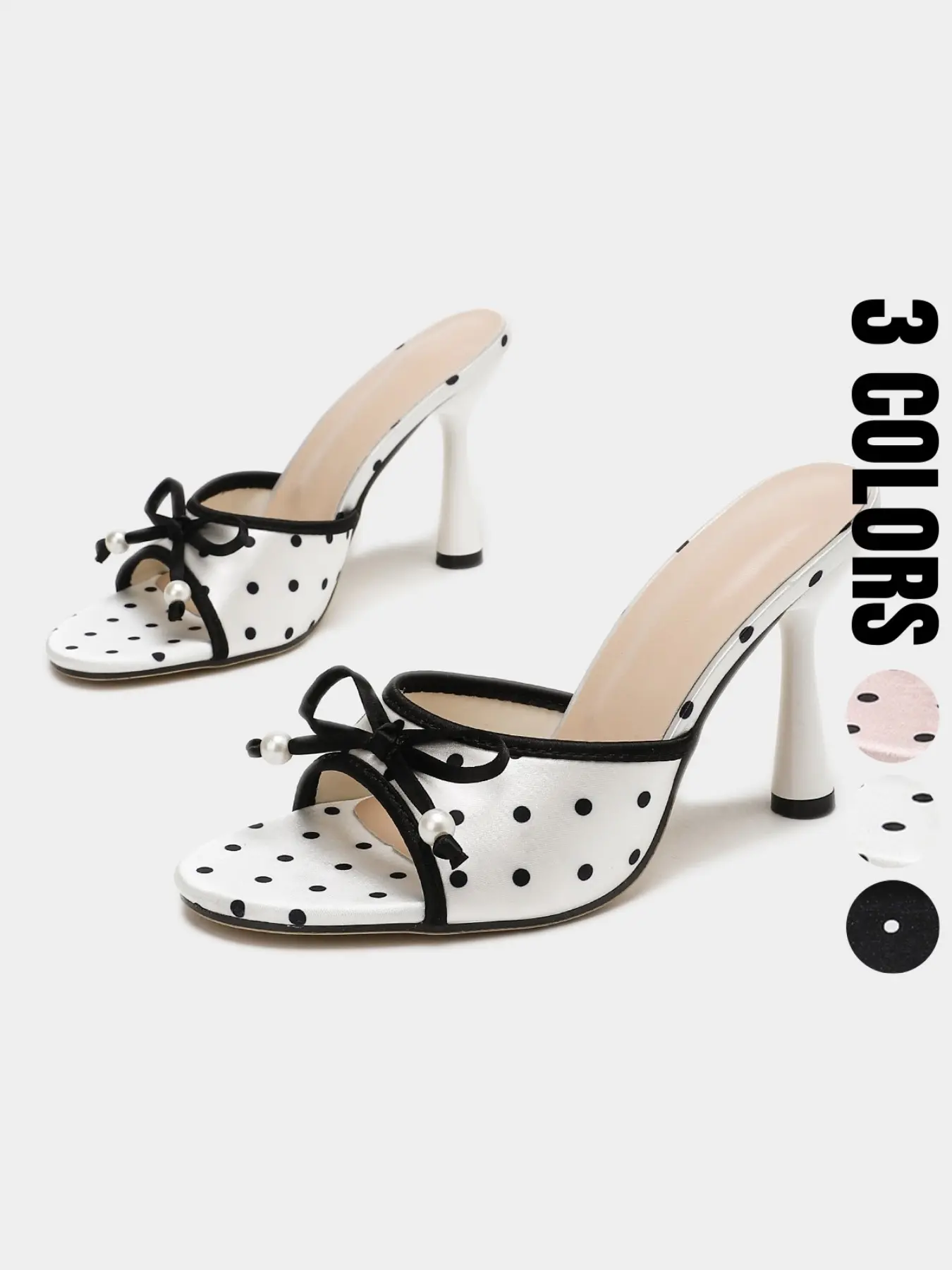 New Arrival Women Spring Summer Retro Classic Round Toe High Heel Sandals, Polka Dot Kitten Heel Mule Slides, Pearl Bow Design Slip On High Heels, Bow Decorated Sandals, Perfect for Daily Casual, Dating, Office Commute and Social Party Occasions