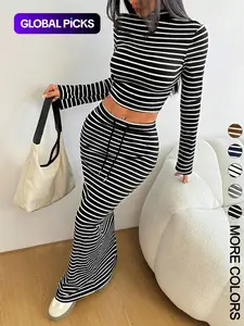 Women's Striped Print Long Sleeve Top & Skirt Two-Piece Set, Elegant Casual Outfits for Daily Outdoor Wear, Women's Clothes for All Seasons, Airport Outfit
